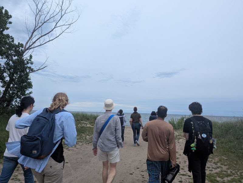 A group of attendees walks down a path toward the water on Toronto Island