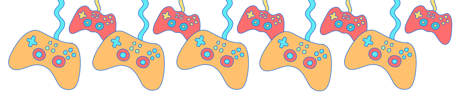 Some repeating illustrations of controllers in purple and orange